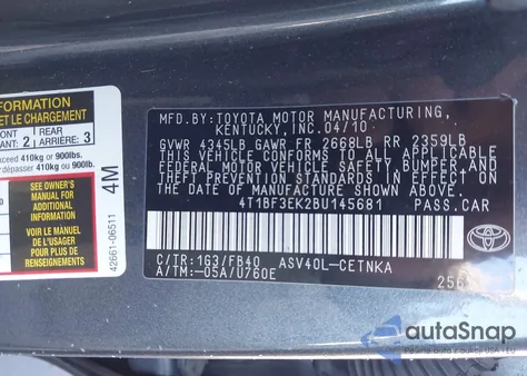 2011 Toyota Camry Le from USA, damaged, VIN 4T1BF3EK2BU145681